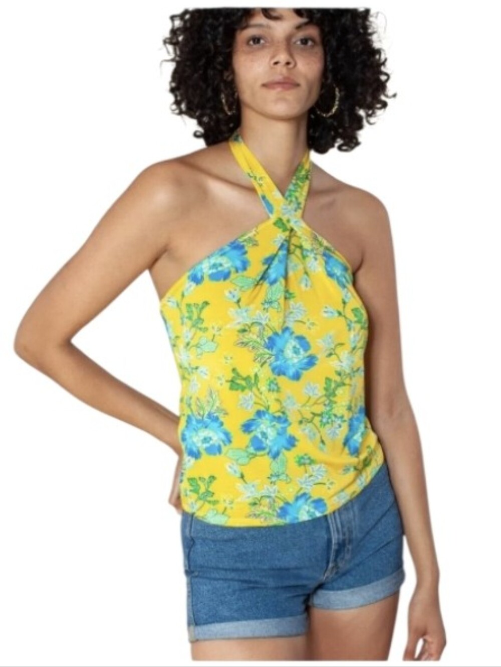 Hale Bob Slinky Stretchy Yellow Floral Halter Tank Medium Boho Chic Vacation